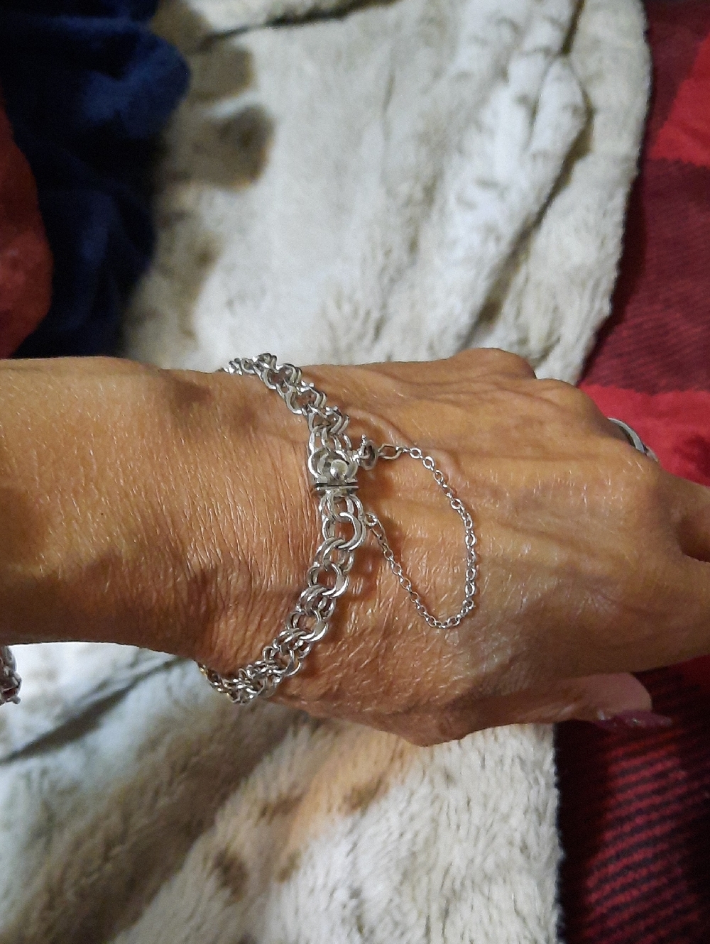 Genuine Solid Sterling Silver Double Loop Charm Bracelet W/Safety Chain Rhodium